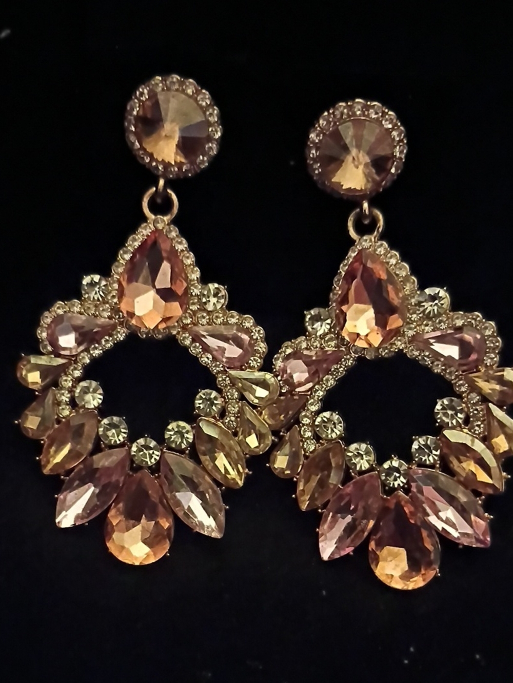 Gold-Tone Pink Crystal Teardrop Chandelier Earrings